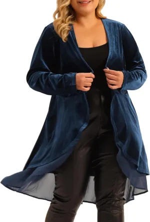 Agnes Orinda Plus Size Cardigan for Women Ruffled Asymmetric Open Front Long Velvet Jackets