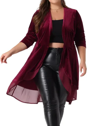 Agnes Orinda Plus Size Cardigan for Women Ruffled Asymmetric Open Front Long Velvet Jackets