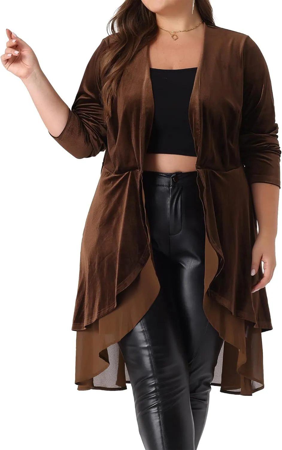 Agnes Orinda Plus Size Cardigan for Women Ruffled Asymmetric Open Front Long Velvet Jackets