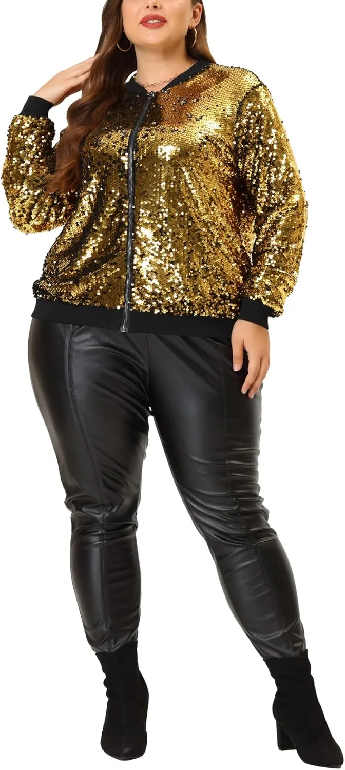 Agnes Orinda Plus Size Metallic Jacket for Women Sparkle Party 2024 Sequin Bomber Jackets