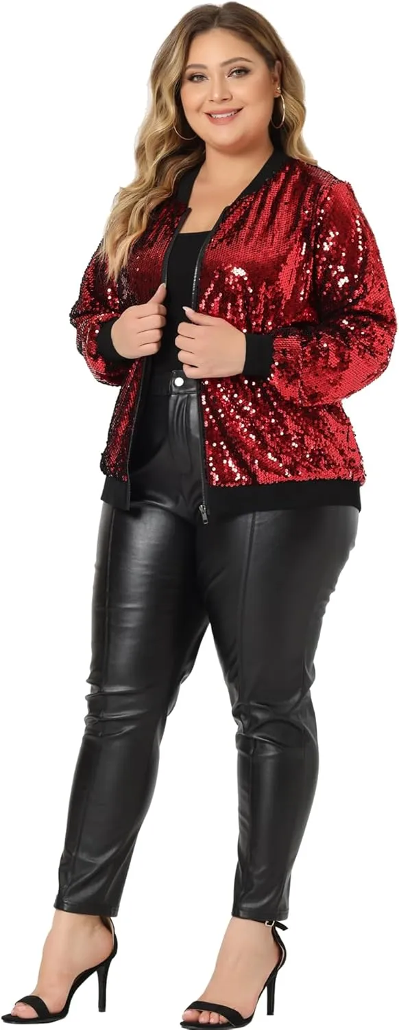 Agnes Orinda Plus Size Metallic Jacket for Women Sparkle Party 2024 Sequin Bomber Jackets
