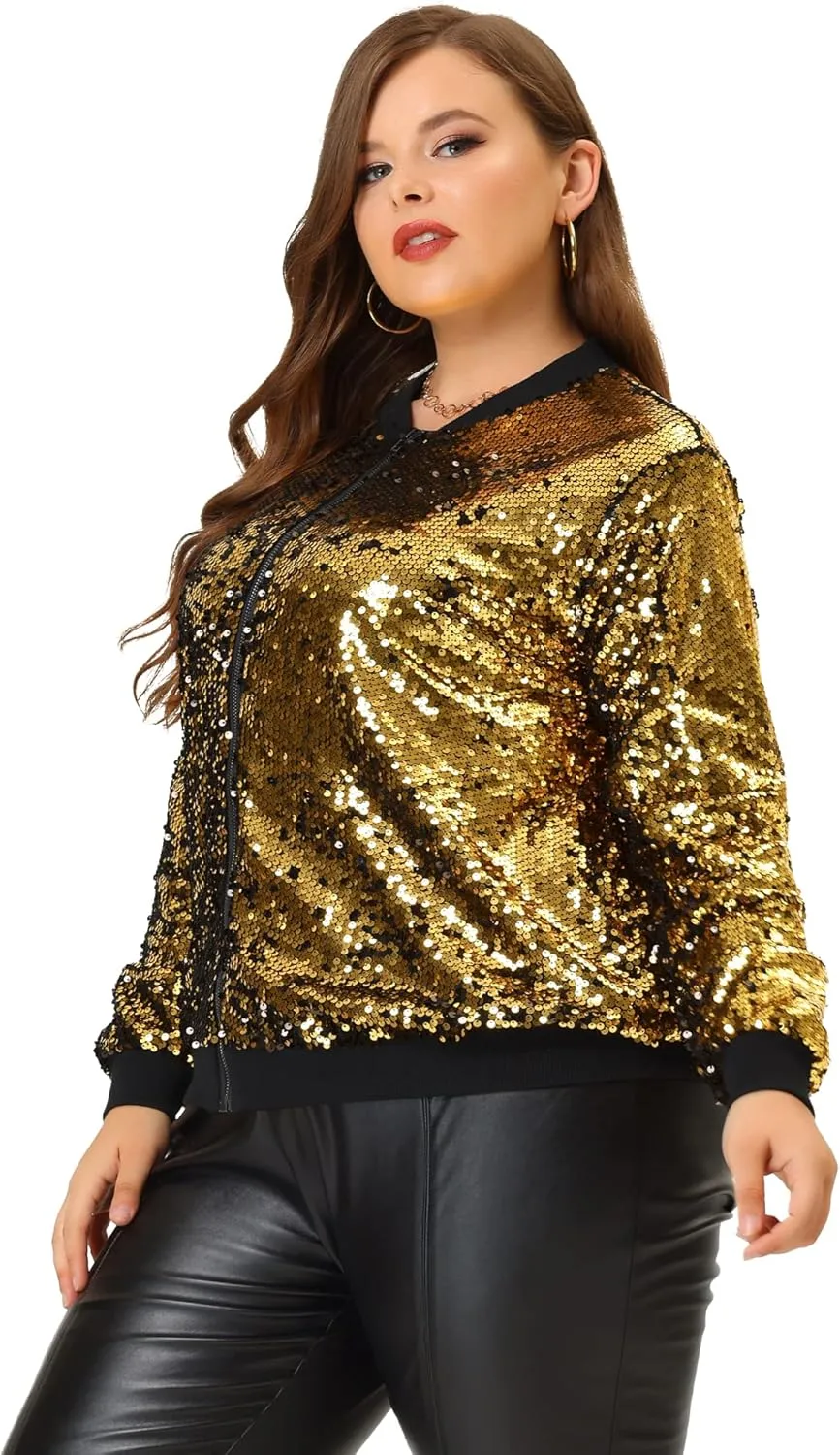 Agnes Orinda Plus Size Metallic Jacket for Women Sparkle Party 2024 Sequin Bomber Jackets