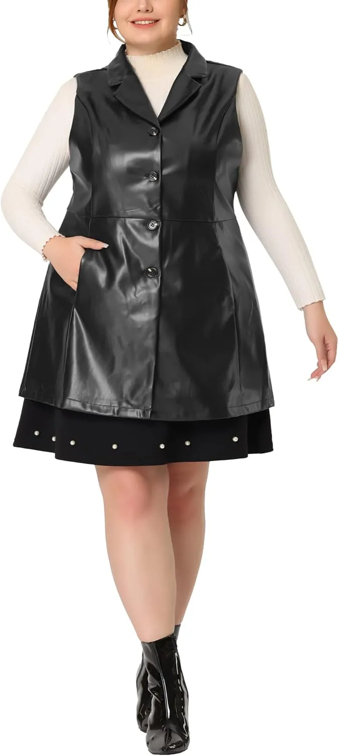 Agnes Orinda Plus Size Vests for Women Sleeveless Lapel Casual PU Jackets Vest