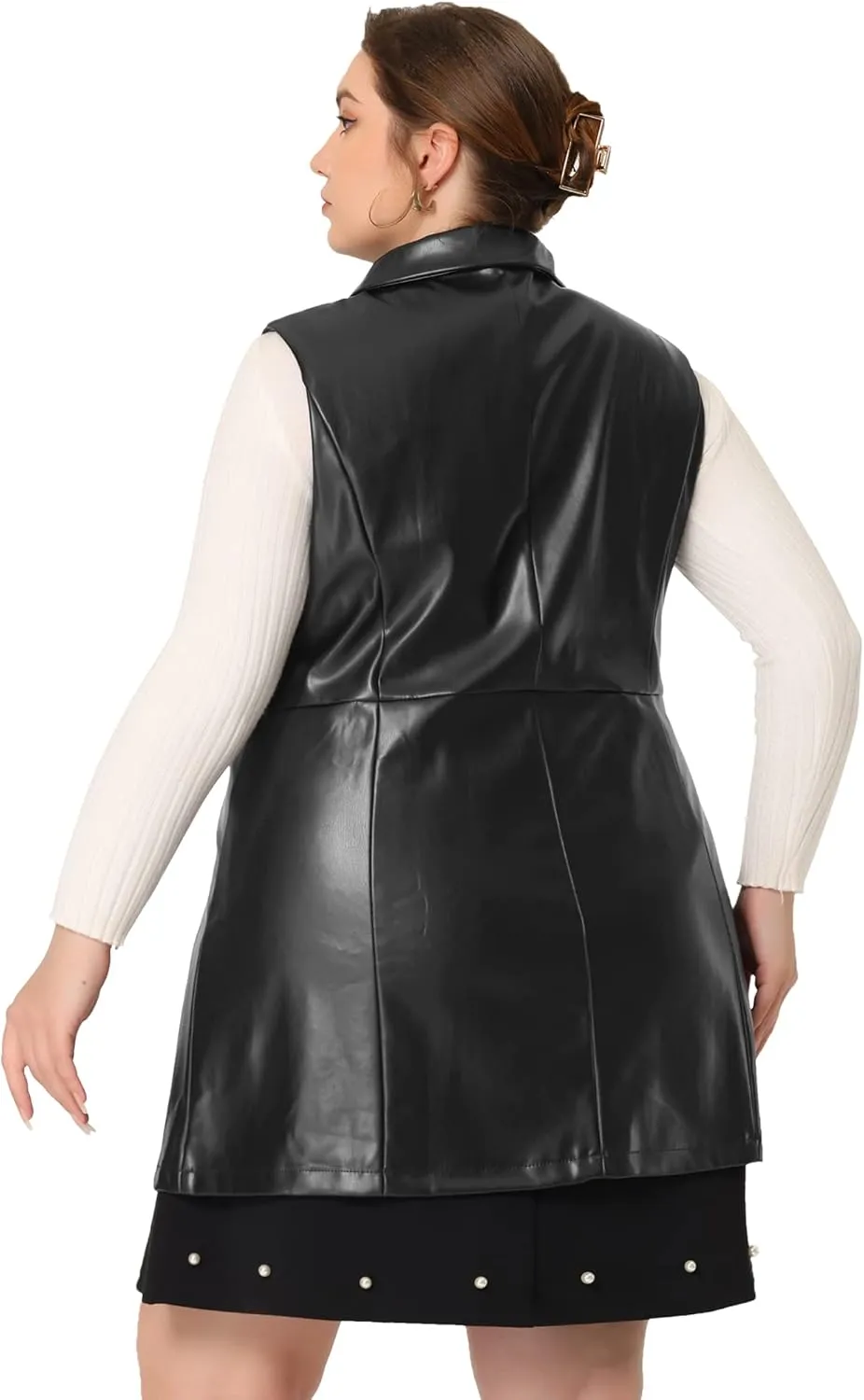 Agnes Orinda Plus Size Vests for Women Sleeveless Lapel Casual PU Jackets Vest