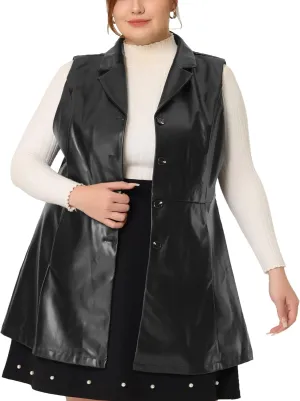 Agnes Orinda Plus Size Vests for Women Sleeveless Lapel Casual PU Jackets Vest
