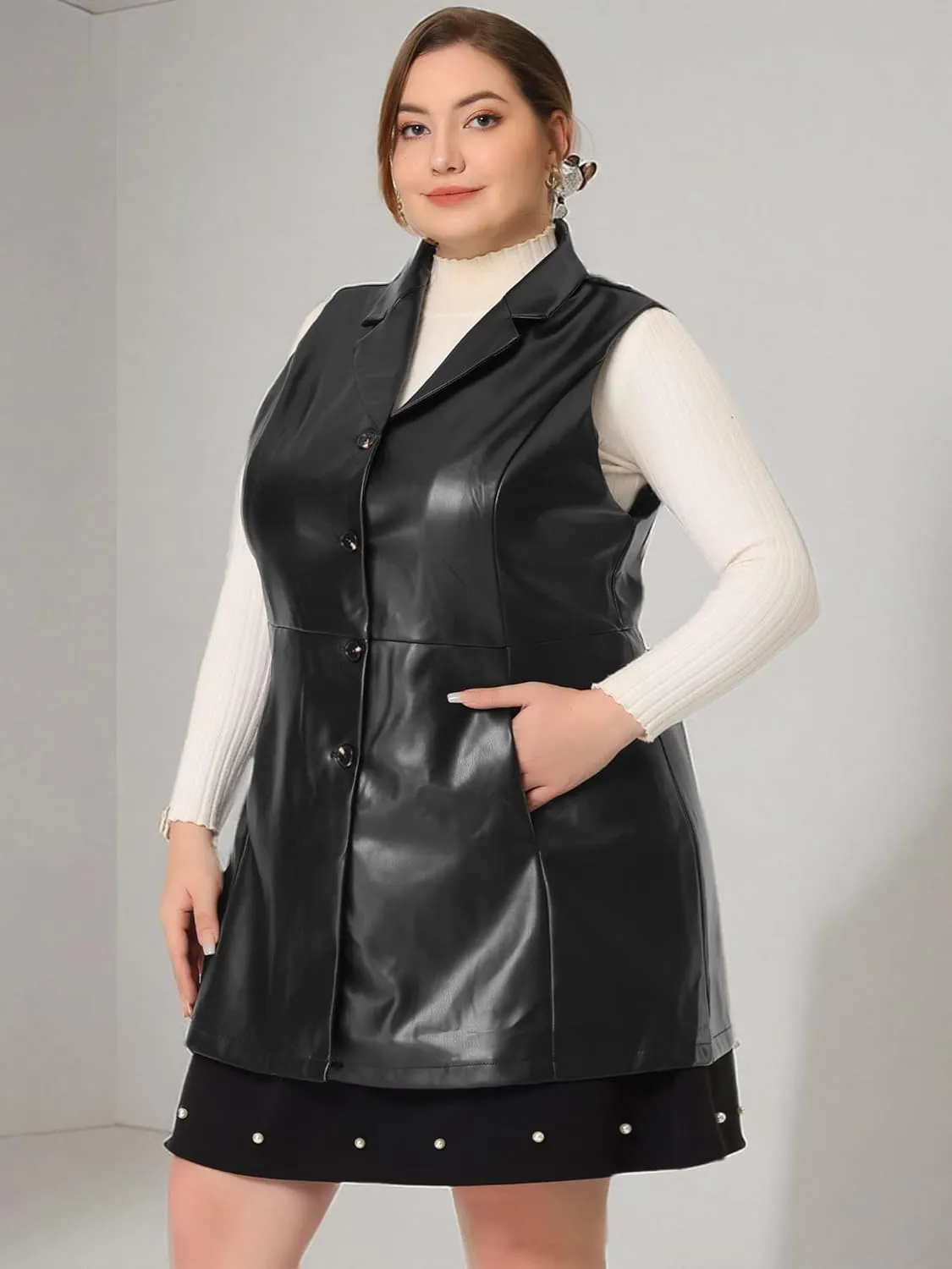 Agnes Orinda Plus Size Vests for Women Sleeveless Lapel Casual PU Jackets Vest