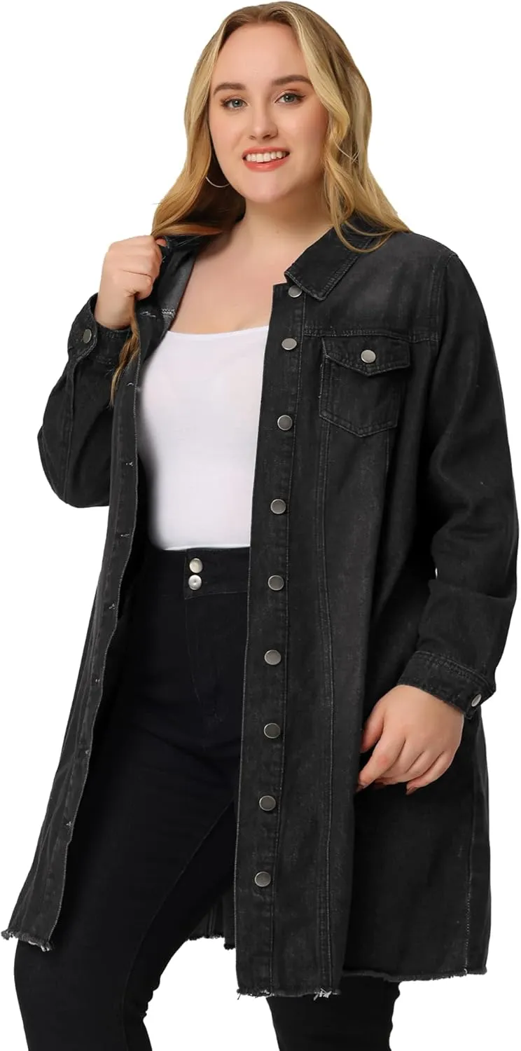 Agnes Orinda Women's Plus Size Denim Jacket Casual Long Distressed Button Up Pockets Jean Jackets