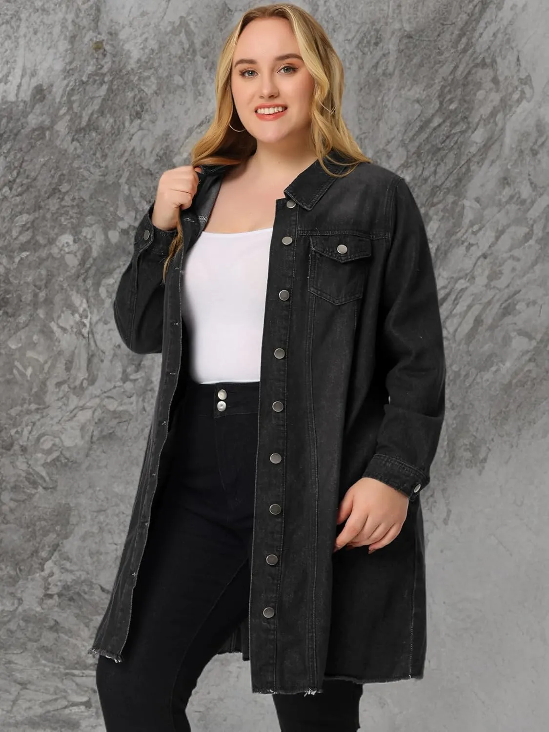 Agnes Orinda Women's Plus Size Denim Jacket Casual Long Distressed Button Up Pockets Jean Jackets