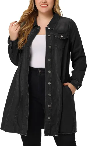 Agnes Orinda Women's Plus Size Denim Jacket Casual Long Distressed Button Up Pockets Jean Jackets