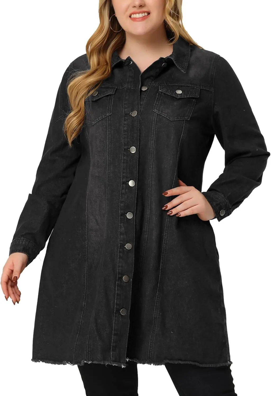 Agnes Orinda Women's Plus Size Denim Jacket Casual Long Distressed Button Up Pockets Jean Jackets