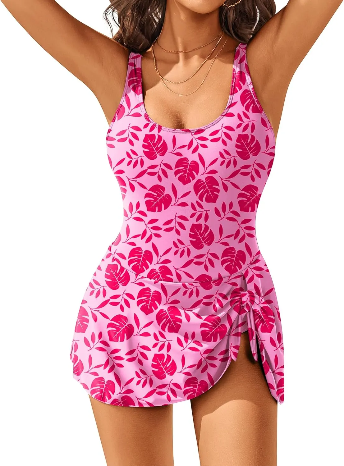 AI'MAGE One Piece Swim Dress Backless Swimsuit Printing Tankini Bathing Suits with Bottom Pink Floral Medium