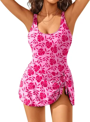 AI'MAGE One Piece Swim Dress Backless Swimsuit Printing Tankini Bathing Suits with Bottom Pink Floral Medium