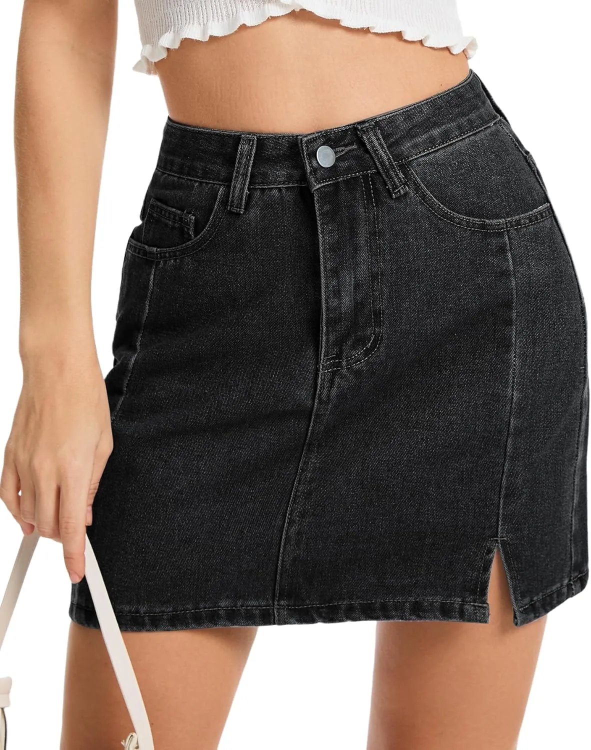 AIMILIA Women's Denim Mini Skirt Side Slit Sexy A-Line Mid Waist Short Stretchy Jean Skirts with Pockets Casual