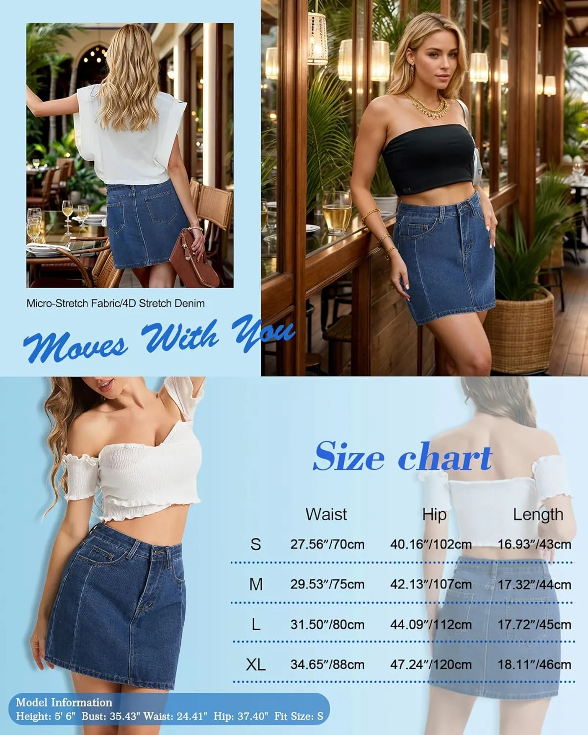 AIMILIA Women's Denim Mini Skirt Side Slit Sexy A-Line Mid Waist Short Stretchy Jean Skirts with Pockets Casual