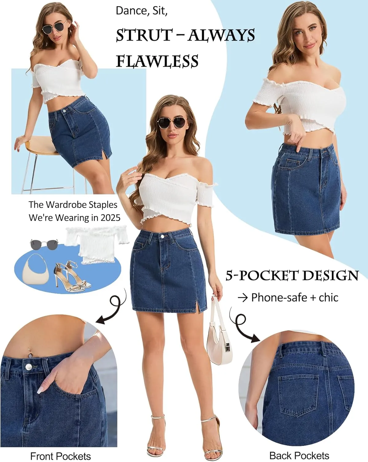 AIMILIA Women's Denim Mini Skirt Side Slit Sexy A-Line Mid Waist Short Stretchy Jean Skirts with Pockets Casual