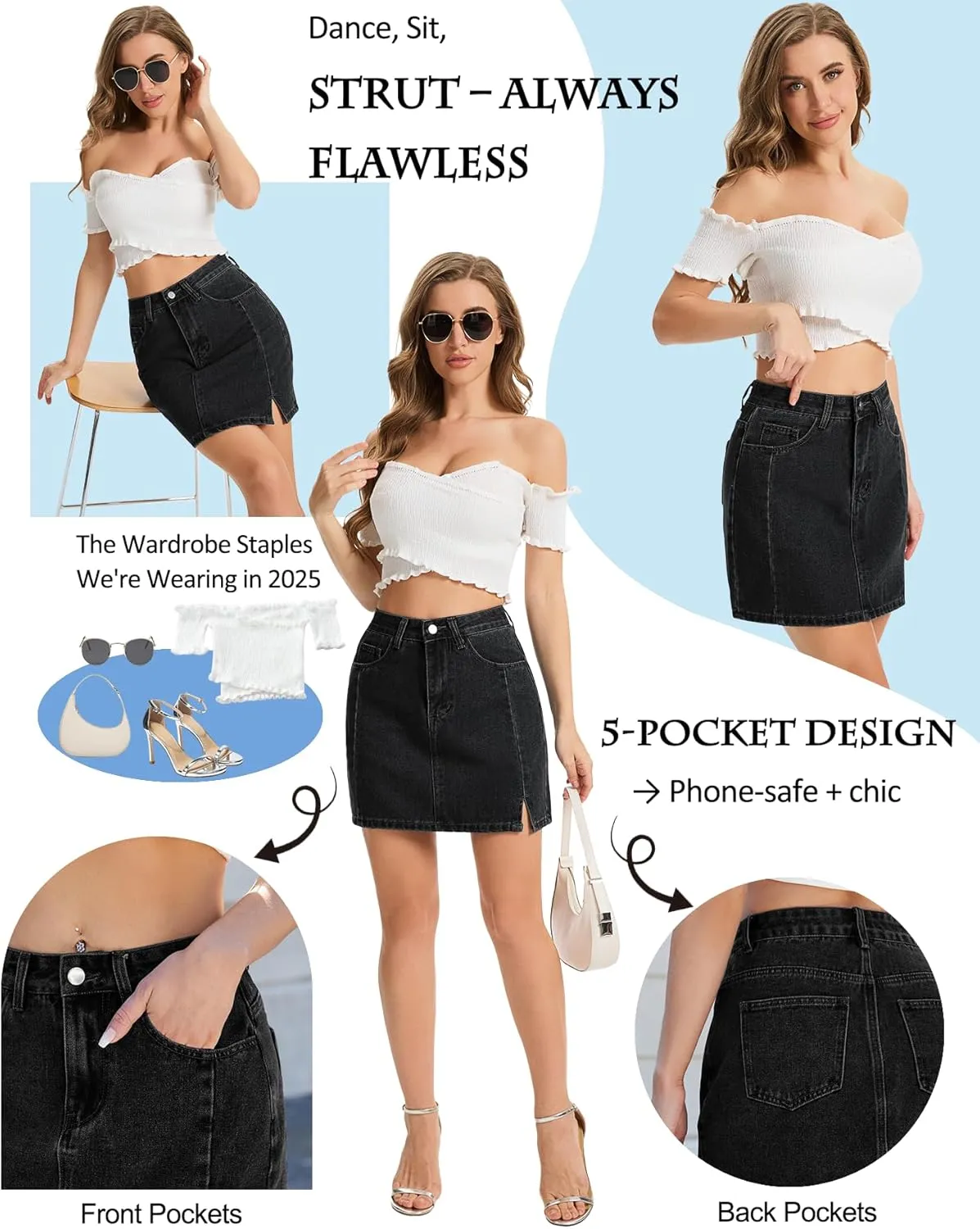 AIMILIA Women's Denim Mini Skirt Side Slit Sexy A-Line Mid Waist Short Stretchy Jean Skirts with Pockets Casual