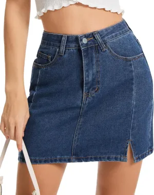 AIMILIA Women's Denim Mini Skirt Side Slit Sexy A-Line Mid Waist Short Stretchy Jean Skirts with Pockets Casual