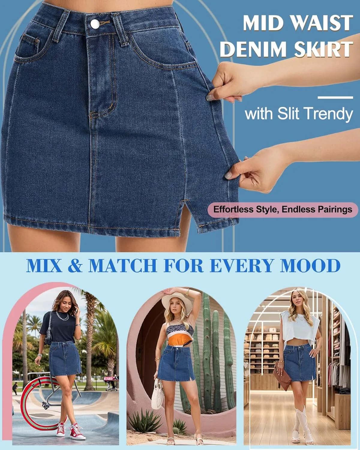 AIMILIA Women's Denim Mini Skirt Side Slit Sexy A-Line Mid Waist Short Stretchy Jean Skirts with Pockets Casual