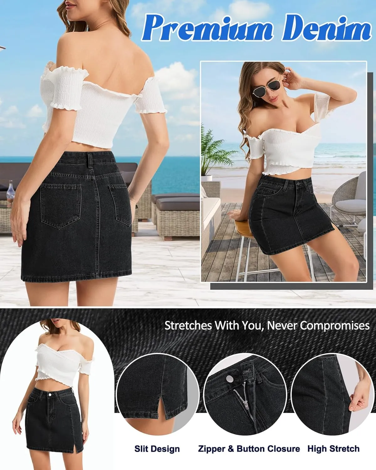 AIMILIA Women's Denim Mini Skirt Side Slit Sexy A-Line Mid Waist Short Stretchy Jean Skirts with Pockets Casual