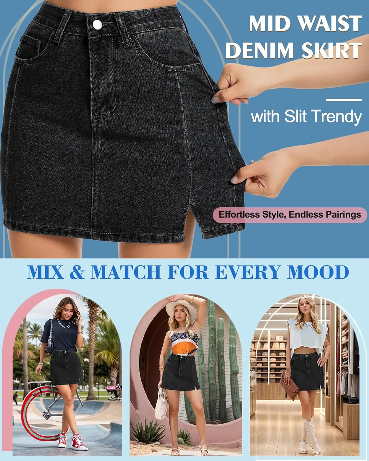 AIMILIA Women's Denim Mini Skirt Side Slit Sexy A-Line Mid Waist Short Stretchy Jean Skirts with Pockets Casual