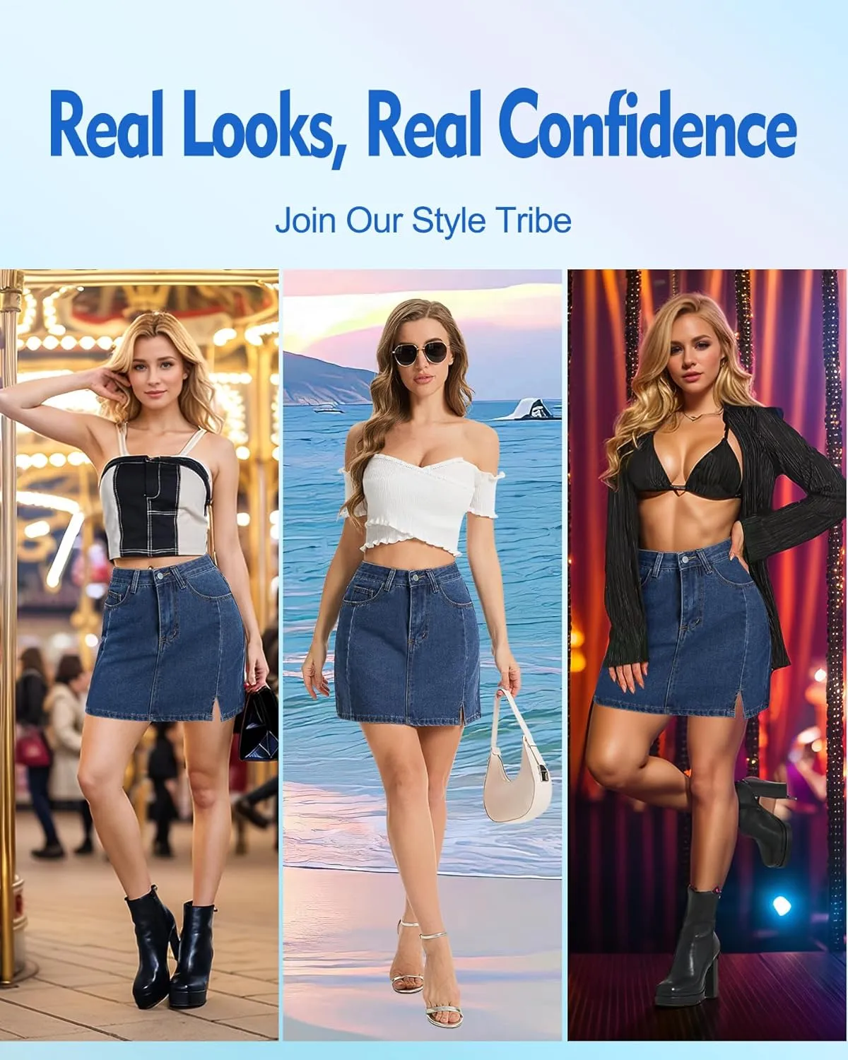 AIMILIA Women's Denim Mini Skirt Side Slit Sexy A-Line Mid Waist Short Stretchy Jean Skirts with Pockets Casual