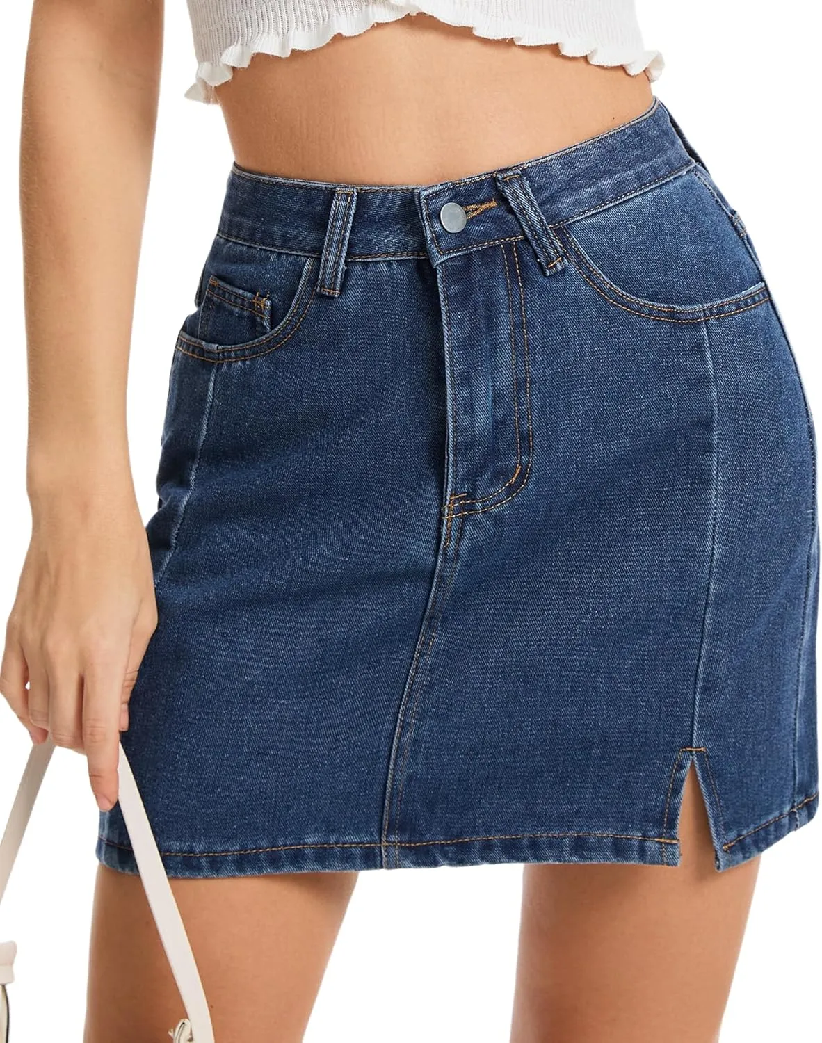 AIMILIA Women's Denim Mini Skirt Side Slit Sexy A-Line Mid Waist Short Stretchy Jean Skirts with Pockets Casual