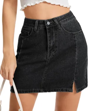 AIMILIA Women's Denim Mini Skirt Side Slit Sexy A-Line Mid Waist Short Stretchy Jean Skirts with Pockets Casual