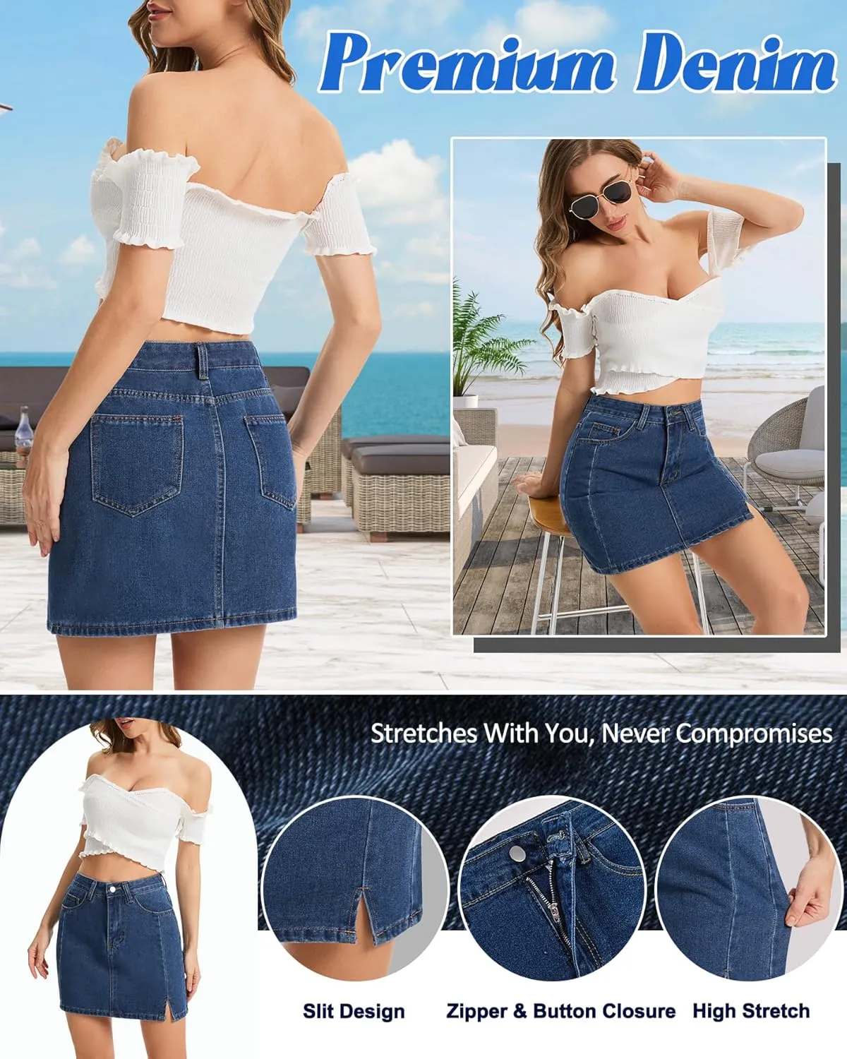 AIMILIA Women's Denim Mini Skirt Side Slit Sexy A-Line Mid Waist Short Stretchy Jean Skirts with Pockets Casual