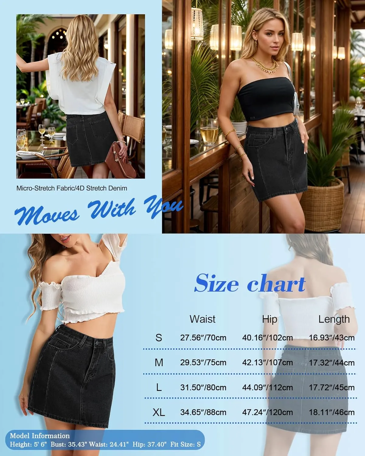 AIMILIA Women's Denim Mini Skirt Side Slit Sexy A-Line Mid Waist Short Stretchy Jean Skirts with Pockets Casual
