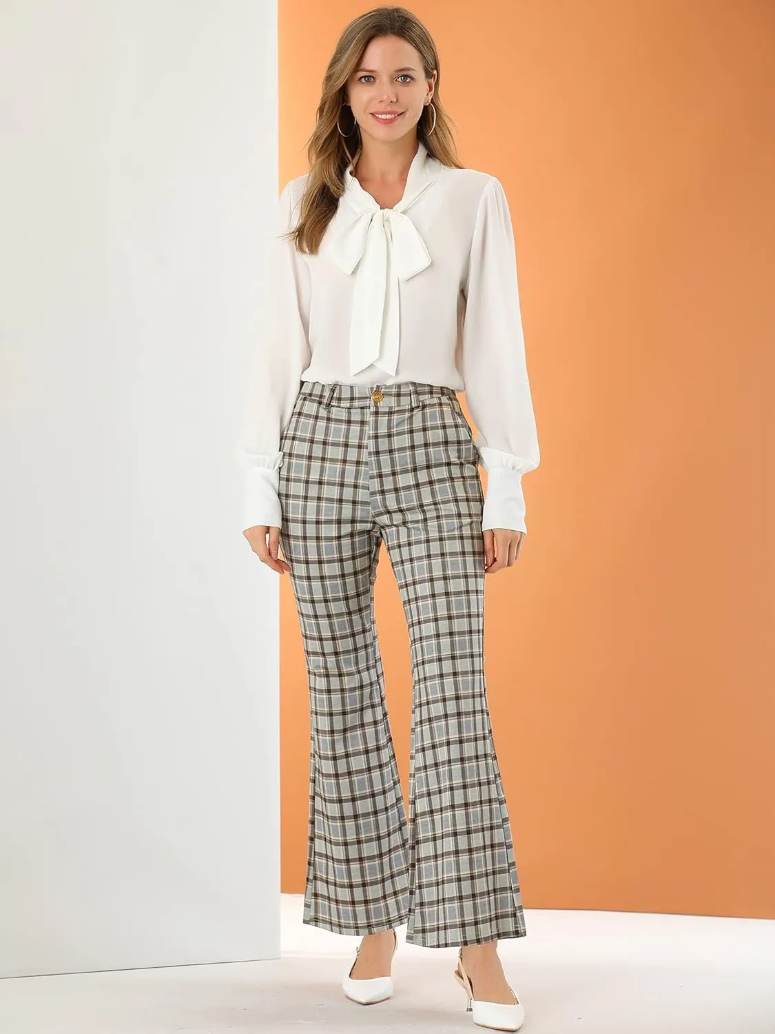 Allegra K Women's Plaid Pants Elastic Waist Bussiness Casual Work Office Long Trousers