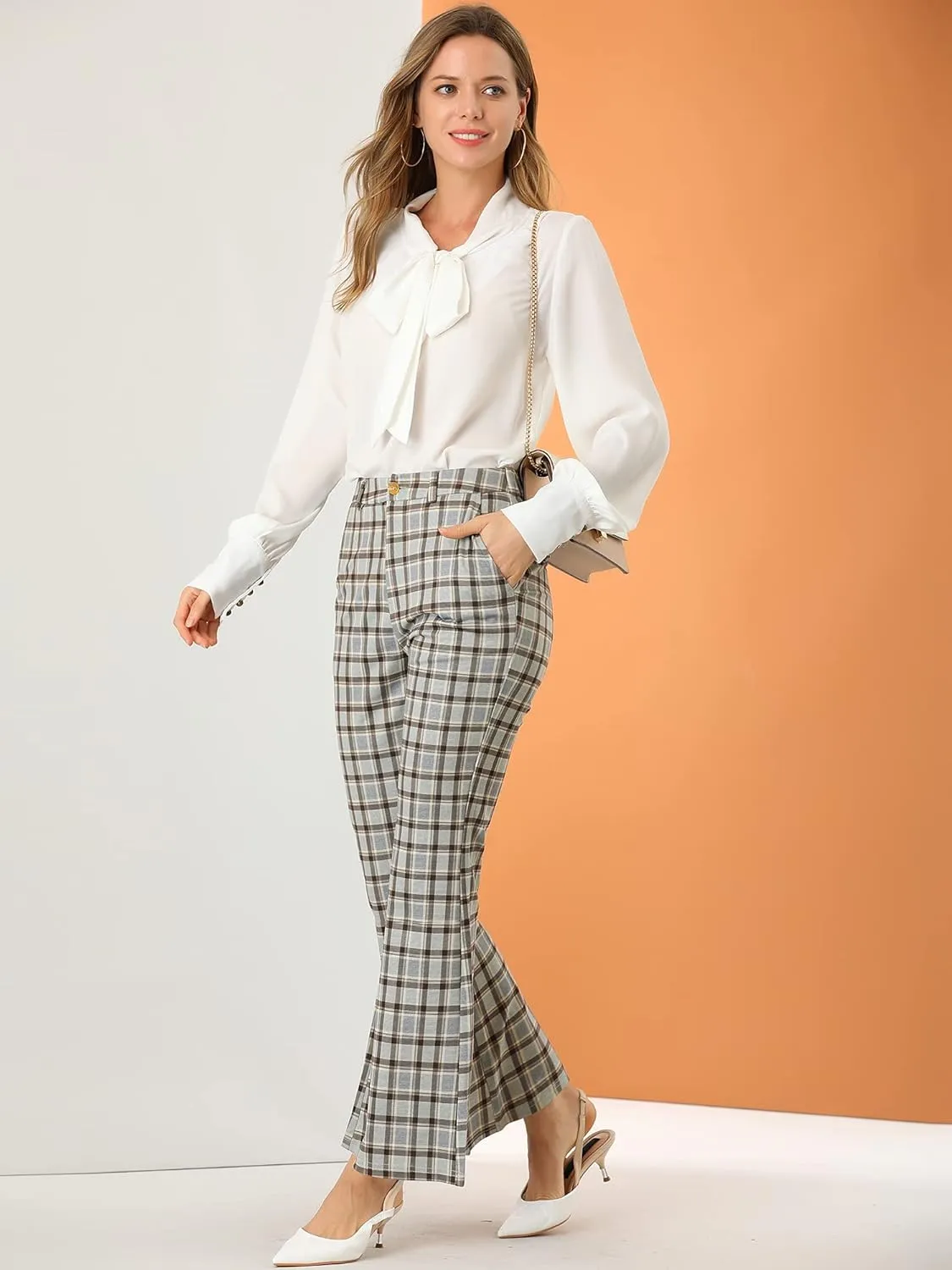 Allegra K Women's Plaid Pants Elastic Waist Bussiness Casual Work Office Long Trousers