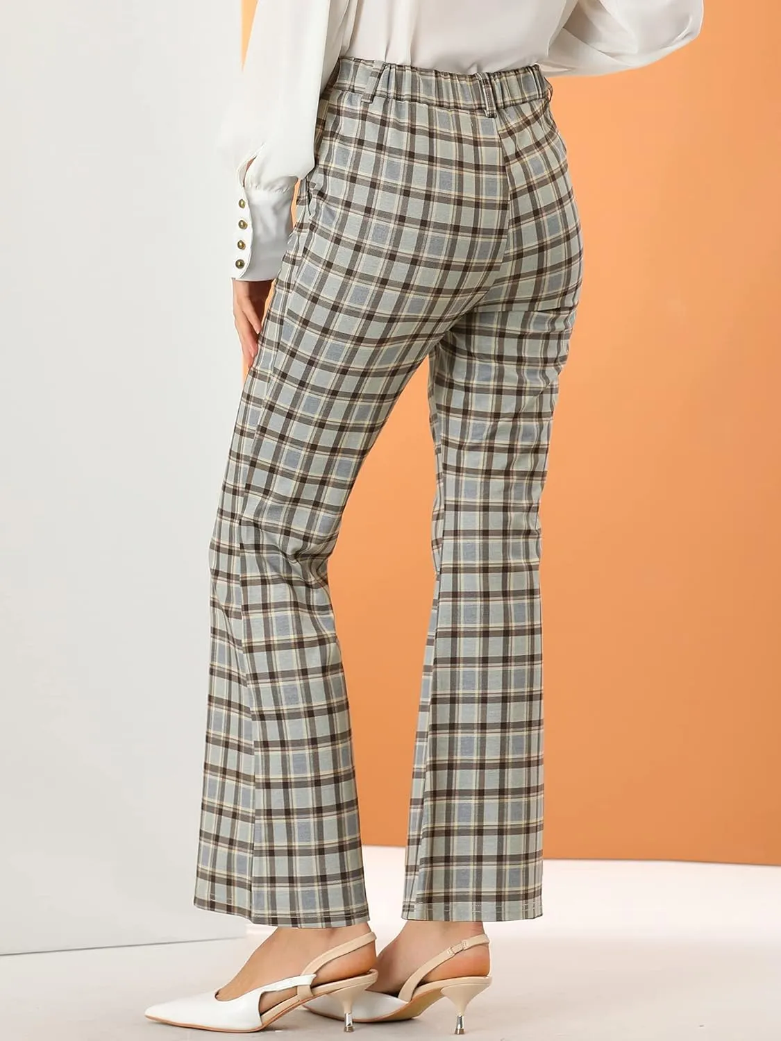 Allegra K Women's Plaid Pants Elastic Waist Bussiness Casual Work Office Long Trousers