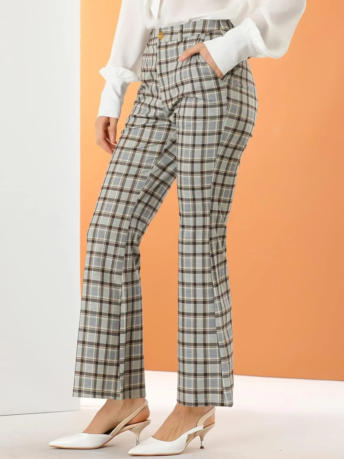 Allegra K Women's Plaid Pants Elastic Waist Bussiness Casual Work Office Long Trousers