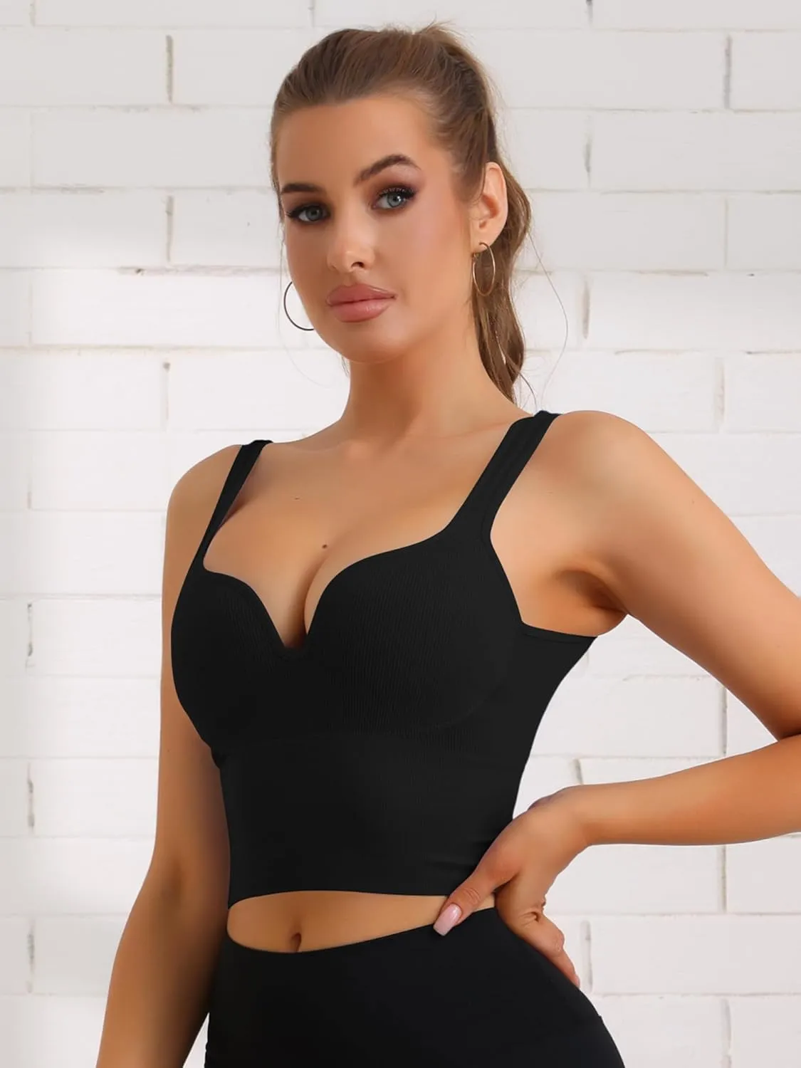 Allegra K Women's Wire-Free Integrated Cup Sports Bra Camisole Push-Up Ribbed Longline Underwear
