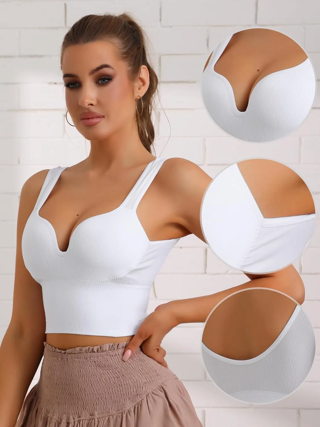 Allegra K Women's Wire-Free Integrated Cup Sports Bra Camisole Push-Up Ribbed Longline Underwear