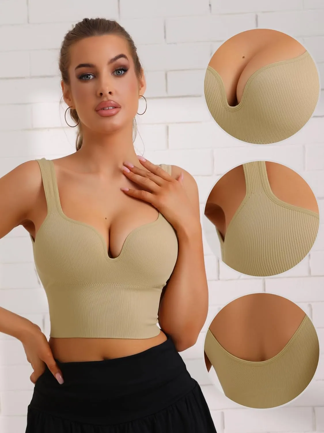 Allegra K Women's Wire-Free Integrated Cup Sports Bra Camisole Push-Up Ribbed Longline Underwear