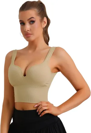Allegra K Women's Wire-Free Integrated Cup Sports Bra Camisole Push-Up Ribbed Longline Underwear