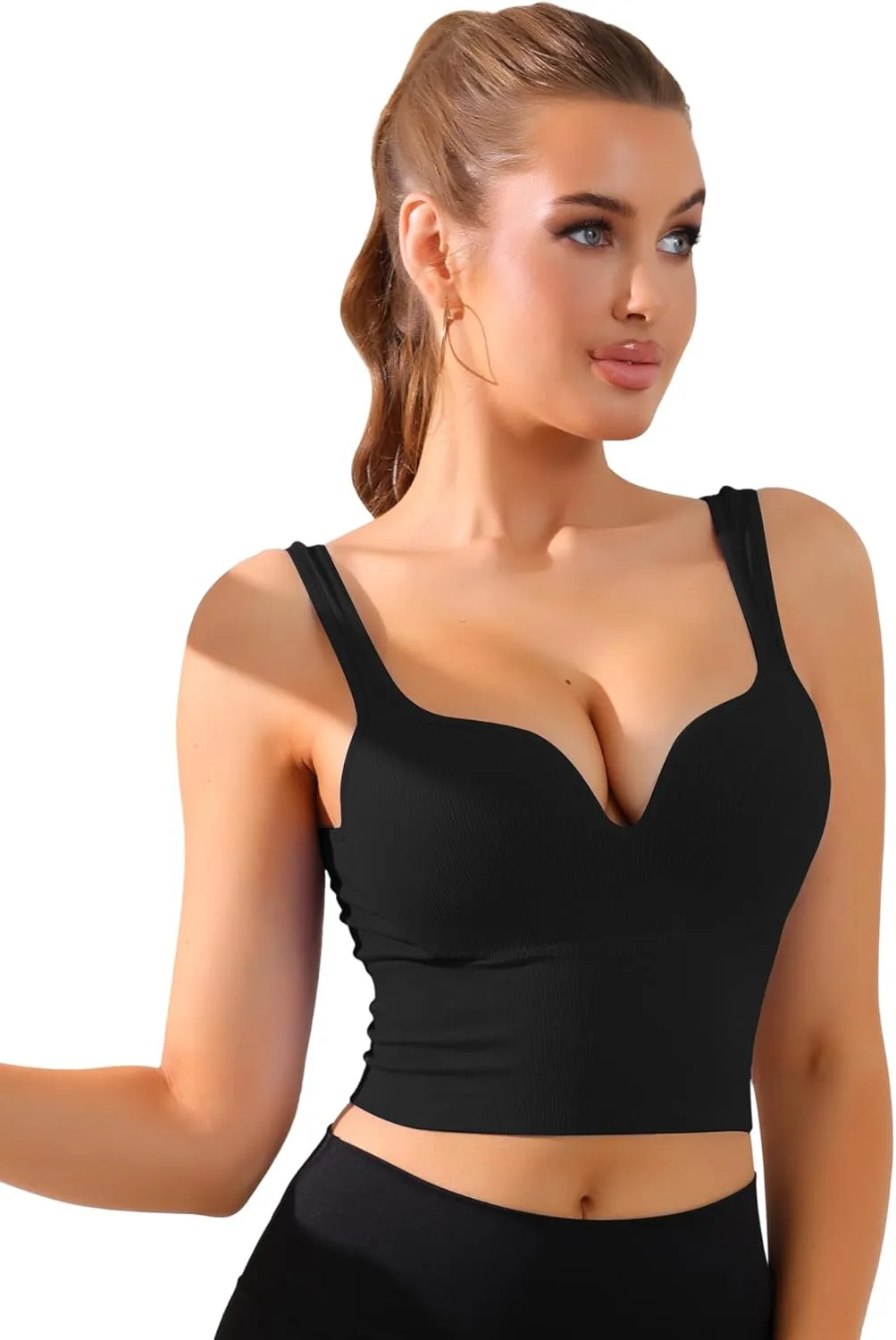 Allegra K Women's Wire-Free Integrated Cup Sports Bra Camisole Push-Up Ribbed Longline Underwear