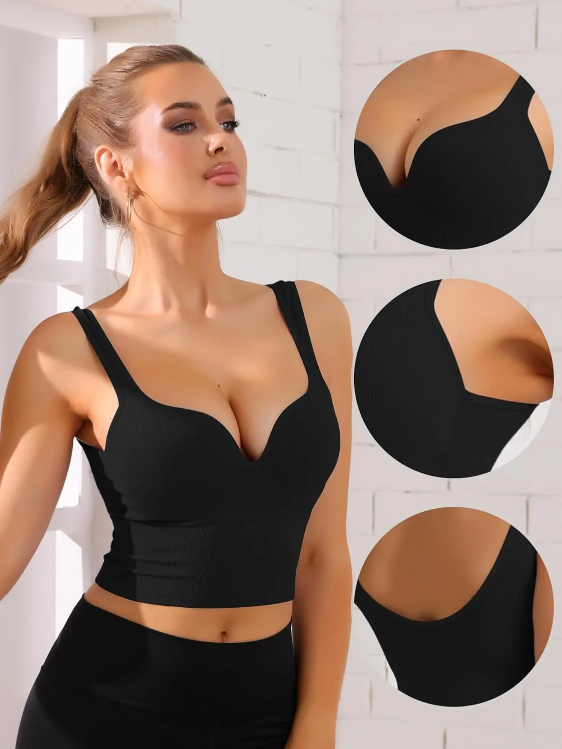 Allegra K Women's Wire-Free Integrated Cup Sports Bra Camisole Push-Up Ribbed Longline Underwear