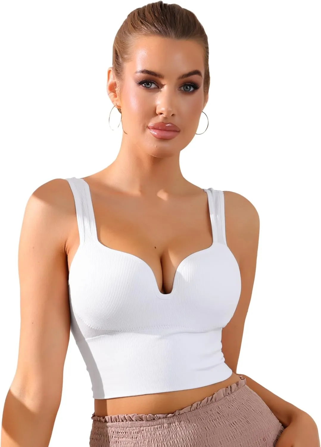 Allegra K Women's Wire-Free Integrated Cup Sports Bra Camisole Push-Up Ribbed Longline Underwear