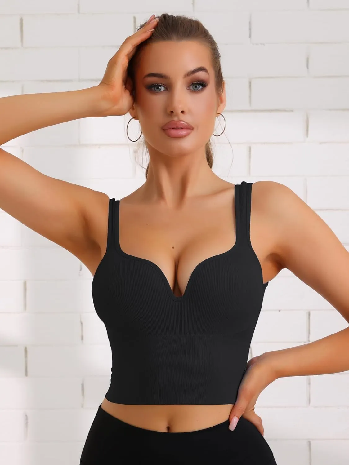 Allegra K Women's Wire-Free Integrated Cup Sports Bra Camisole Push-Up Ribbed Longline Underwear