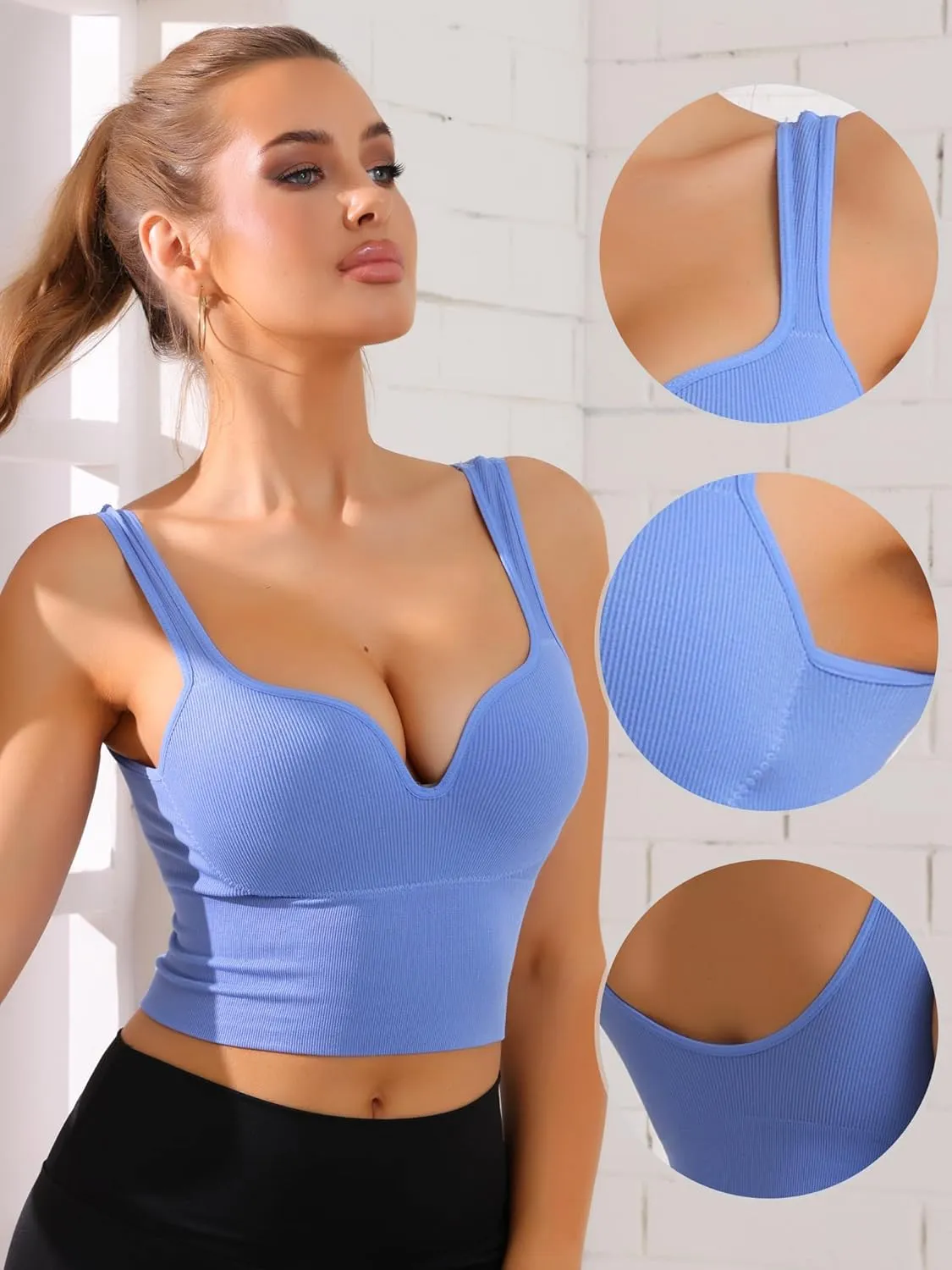 Allegra K Women's Wire-Free Integrated Cup Sports Bra Camisole Push-Up Ribbed Longline Underwear