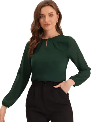 Allegra K Women's Work Blouses Dressy Keyhole Neck Long Sleeve Work Shirt Formal Casual Wear Elegant Tops