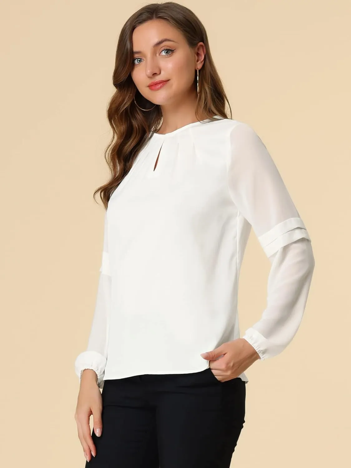 Allegra K Women's Work Blouses Dressy Keyhole Neck Long Sleeve Work Shirt Formal Casual Wear Elegant Tops