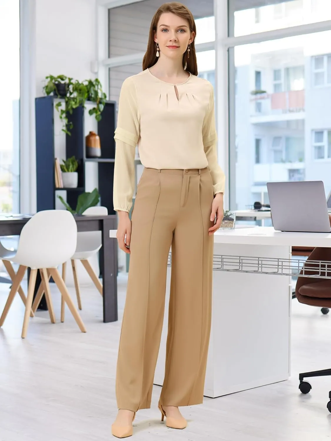 Allegra K Women's Work Blouses Dressy Keyhole Neck Long Sleeve Work Shirt Formal Casual Wear Elegant Tops
