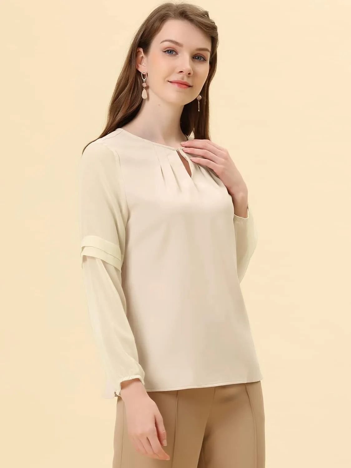 Allegra K Women's Work Blouses Dressy Keyhole Neck Long Sleeve Work Shirt Formal Casual Wear Elegant Tops