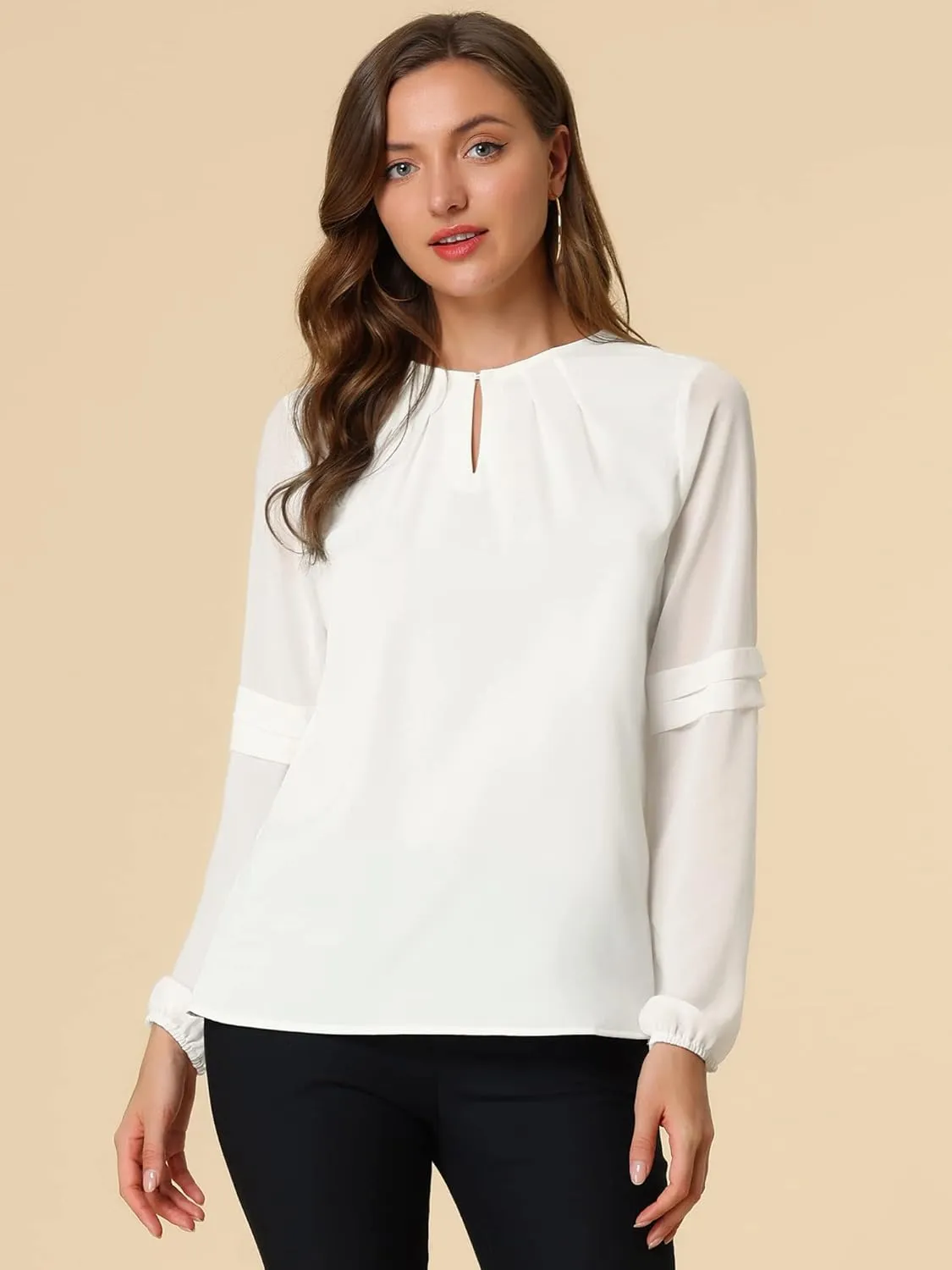 Allegra K Women's Work Blouses Dressy Keyhole Neck Long Sleeve Work Shirt Formal Casual Wear Elegant Tops