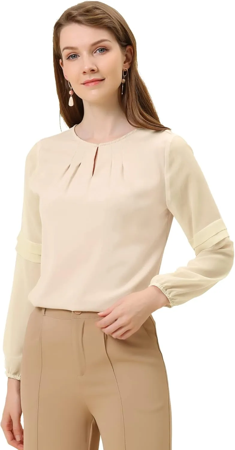 Allegra K Women's Work Blouses Dressy Keyhole Neck Long Sleeve Work Shirt Formal Casual Wear Elegant Tops