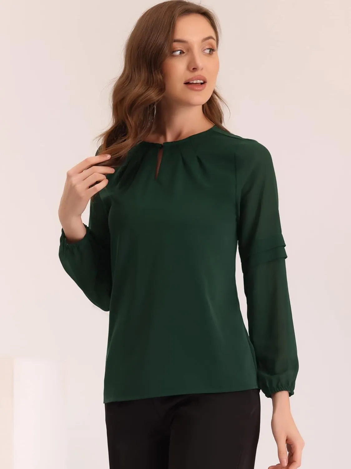 Allegra K Women's Work Blouses Dressy Keyhole Neck Long Sleeve Work Shirt Formal Casual Wear Elegant Tops