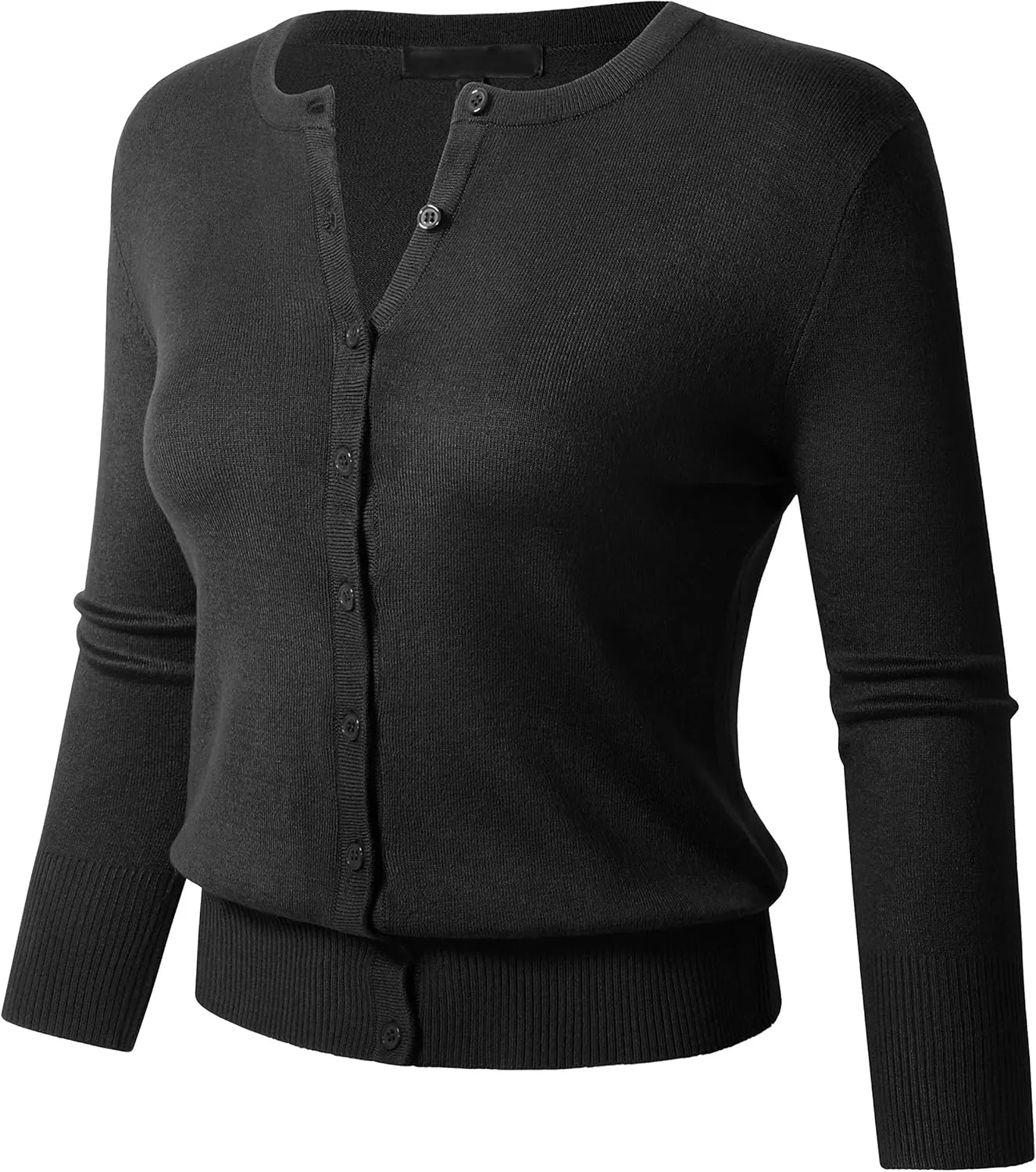 Allsense Womens Button Down 3/4 Sleeve Crew Neck Knit Cardigan Lightweight Soft Sweater